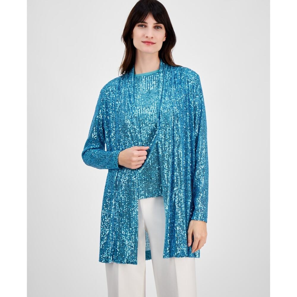 Anne Klein Women's Sequin Embellished Open-Front Jacket Blue Size XL 1769